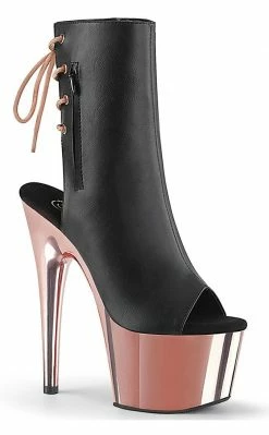 Pleaser ADORE-1018 Black & Rose Gold Chrome Ankle Boots