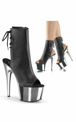 Pleaser ADORE-1018 Black & Silver Chrome Ankle Boots