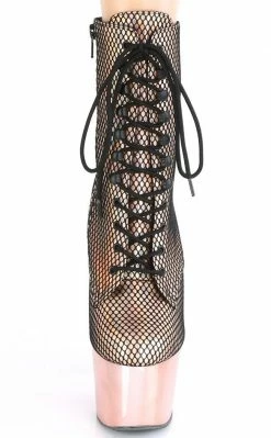 Pleaser Pole Shoes ADORE-1020 Rose Gold Holo Fishnet Ankle Boots
