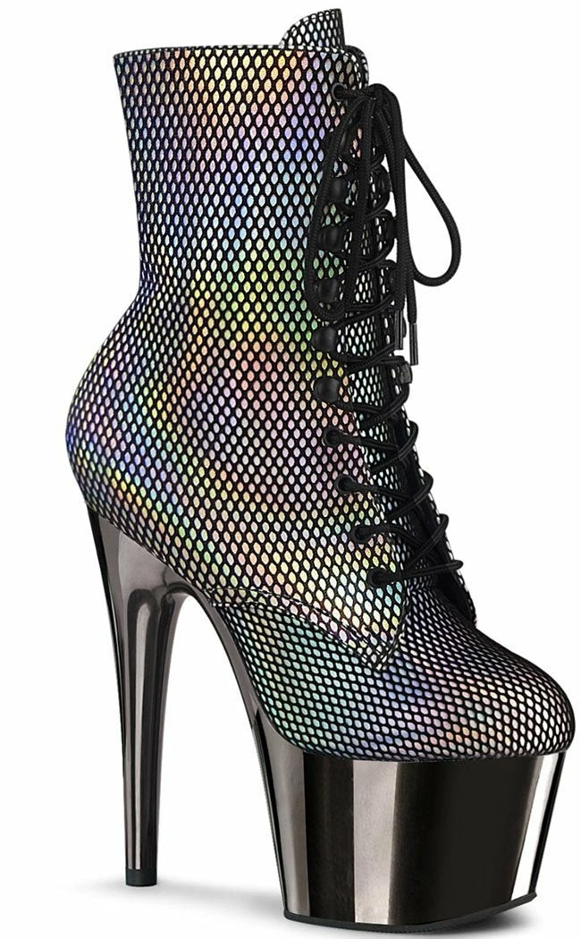 Pleaser Pole Shoes ADORE-1020 Silver & Pewter Holo Fishnet Ankle Boots 3 Pleaser Pole Shoes ADORE-1020 Silver & Pewter Holo Fishnet Ankle Boots