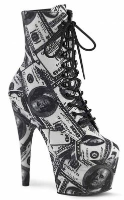 Pleaser Pole Shoes ADORE-1020 White/Black Money Print Ankle Boots