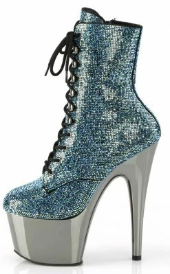 Pleaser ADORE-1020CHRS Turquoise Rhinestone/Pewter Chrome Ankle Boots Pole Shoes