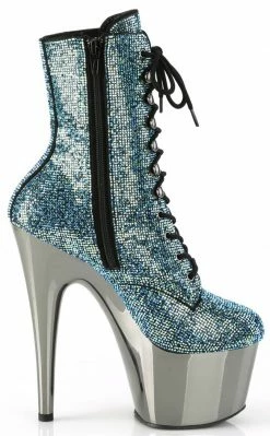 Pleaser ADORE-1020CHRS Turquoise Rhinestone/Pewter Chrome Ankle Boots Pole Shoes
