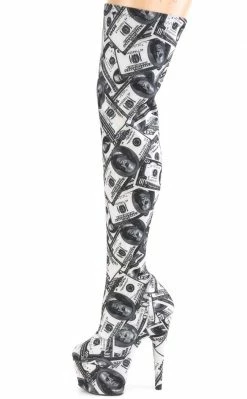 Pleaser ADORE-3000DP Money Print Thigh High Boots Pole Shoes