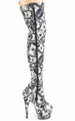 Pleaser ADORE-3000DP Money Print Thigh High Boots Pole Shoes