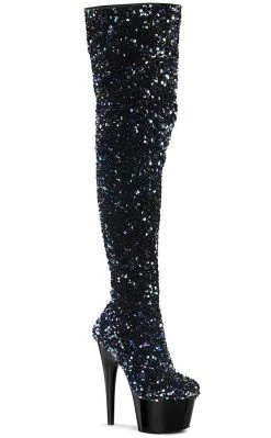 Pleaser Pole Shoes ADORE-3020 Black Sequin Thigh High Boots
