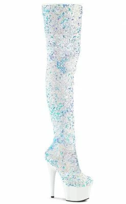 Pleaser ADORE-3020 White Sequin Thigh High Boots