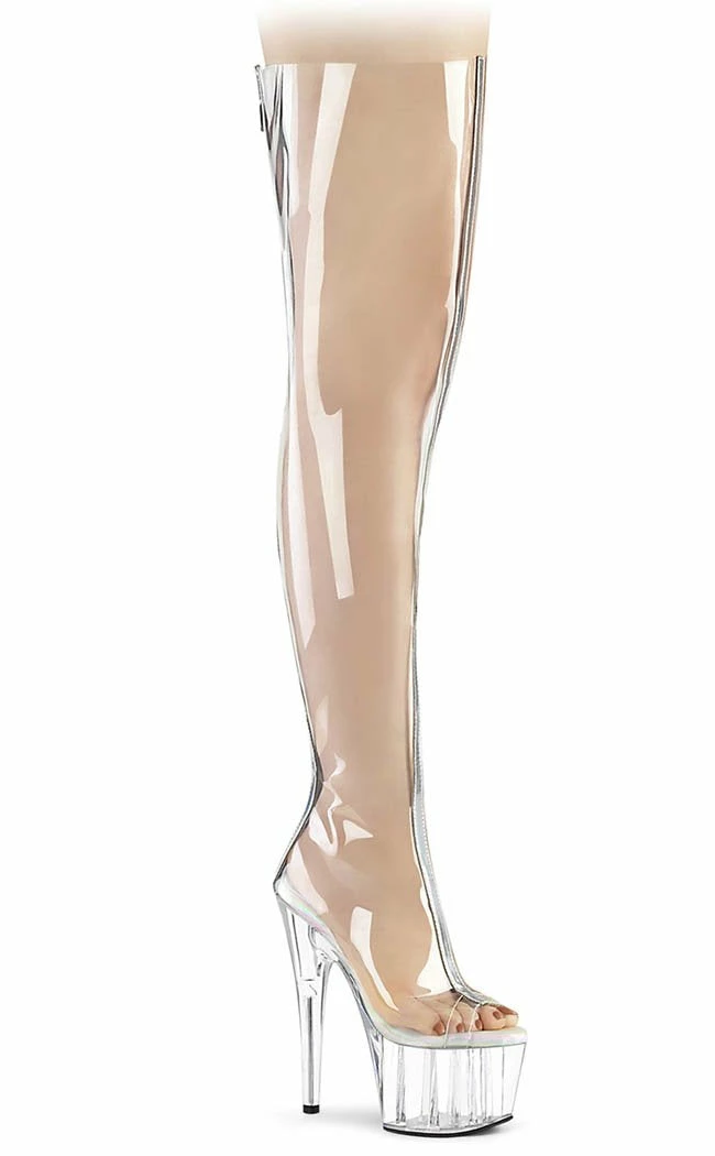 Pleaser ADORE-3021 Clear TPU/ Silver Metallic Thigh High Boots Pole Shoes 3 Pleaser ADORE-3021 Clear TPU/ Silver Metallic Thigh High Boots Pole Shoes