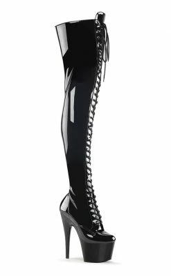 Pleaser ADORE-3023 Blk Str Pat/Blk Thigh High Boots