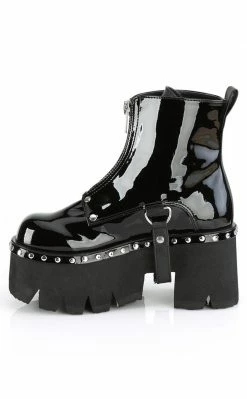 Demonia Shoes ASHES-100 Black Vegan Patent Platform Ankle Boots