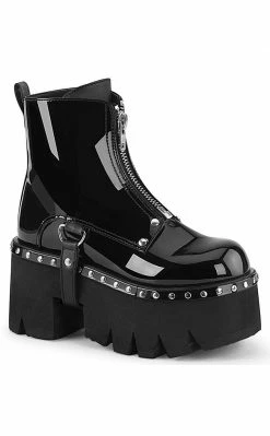 Demonia Shoes ASHES-100 Black Vegan Patent Platform Ankle Boots