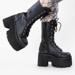 Demonia ASHES-105 Black Vegan Leather Platform Combat Boots Shoes