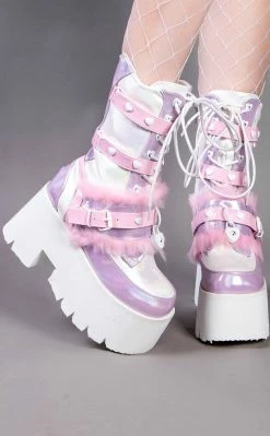 Demonia Shoes ASHES-120 Baby Pink & Lavender Holo Platform Boots