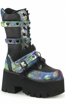 Demonia ASHES-120 Black & Green Multi Oil Slick Platform Boots