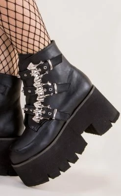 Demonia ASHES-55 Black Vegan Leather Bat Buckle Platform Ankle Boots