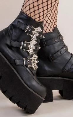 Demonia ASHES-55 Black Vegan Leather Bat Buckle Platform Ankle Boots