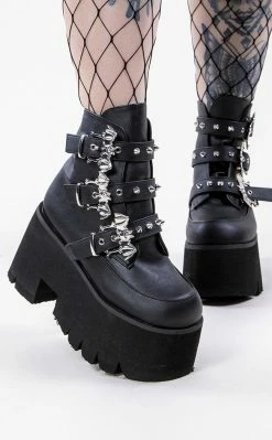 Demonia ASHES-55 Black Vegan Leather Bat Buckle Platform Ankle Boots