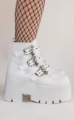 Demonia ASHES-55 White Vegan Leather Bat Buckle Platform Ankle Boots Shoes