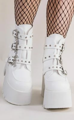 Demonia ASHES-55 White Vegan Leather Bat Buckle Platform Ankle Boots Shoes 10 Demonia ASHES-55 White Vegan Leather Bat Buckle Platform Ankle Boots Shoes