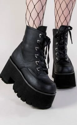 Demonia ASHES-57 Black Vegan Leather Cuff Platform Ankle Boots