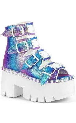 Demonia Shoes ASHES-70 Purple Iridescent Chunky Ankle Boots