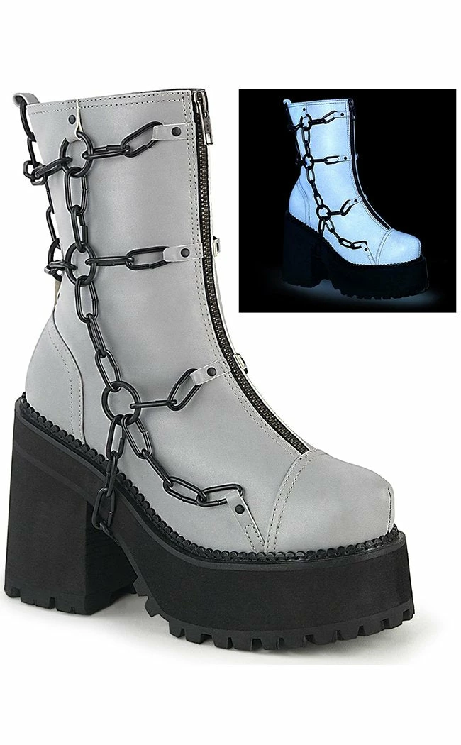 Demonia ASSAULT-66 Grey Reflective Chain Boots Shoes 3 Demonia ASSAULT-66 Grey Reflective Chain Boots Shoes