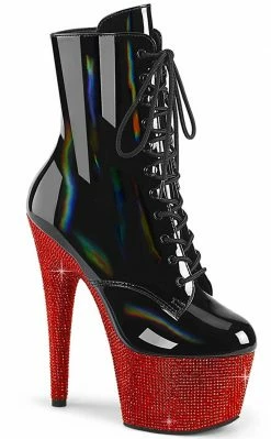 Pleaser Pole Shoes BEJEWELED-1020-7 Black Holo/Red Rhinestone Boots