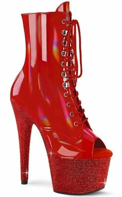 Pleaser Pole Shoes BEJEWELED-1021-7 Red Holo Patent Rhinestone Boots