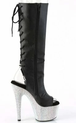 Pleaser BEJEWELED-2018-7 Black Matte/Silver Rhinestone Knee Boots Pole Shoes