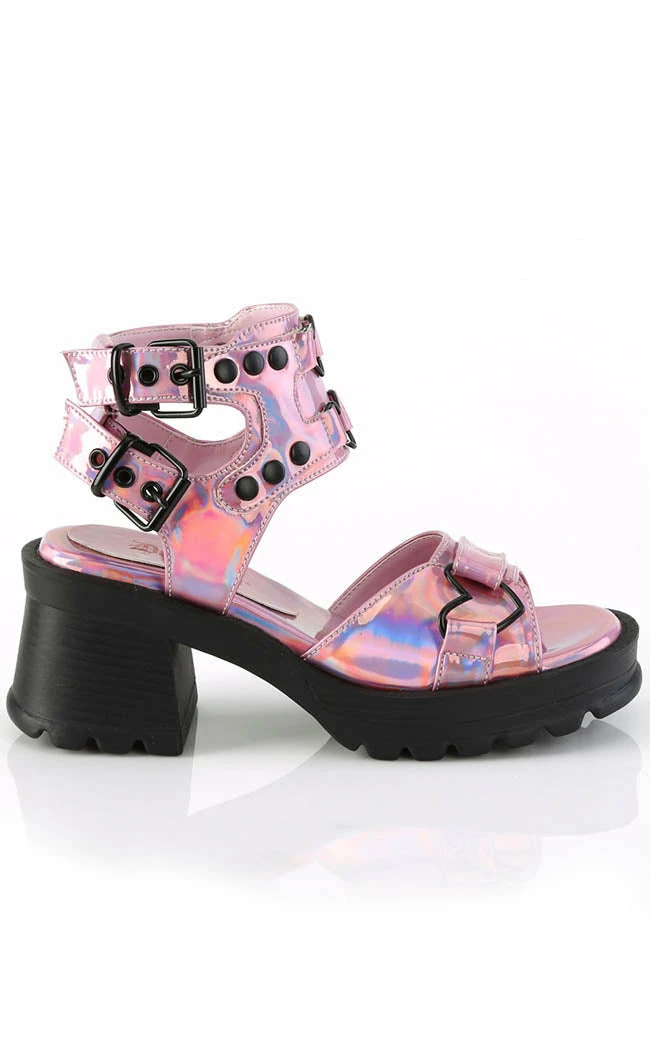 Demonia Shoes BRATTY-07 Pink Holo Chunky Heel Sandals 7 Demonia Shoes BRATTY-07 Pink Holo Chunky Heel Sandals