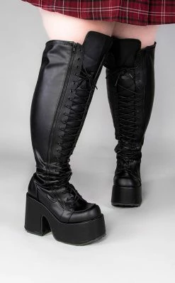 Demonia Plus Size CAMEL-300WC Black Matte Vegan Thigh High Boots | Wide Calf (Au Stock)