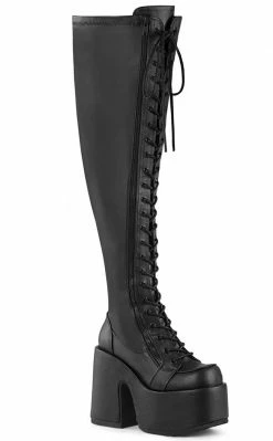 Demonia CAMEL-300WC Black Matte Vegan Thigh High Boots | Wide Calf
