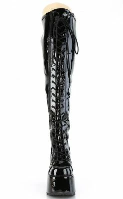 Demonia Plus Size CAMEL-300WC Black Patent Vegan Thigh High Boots | Wide Calf