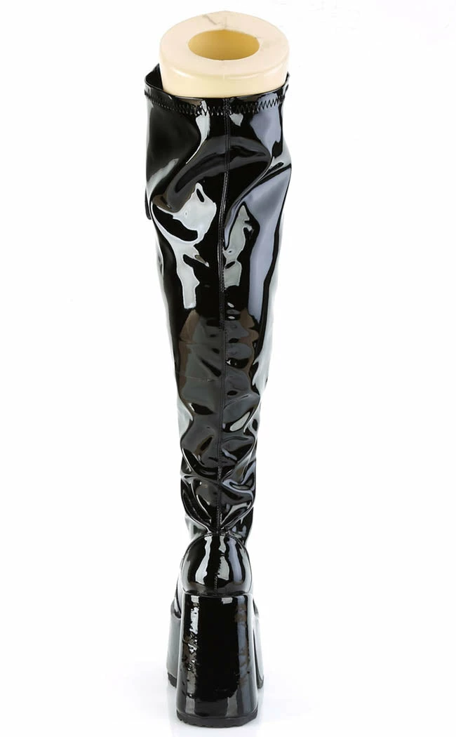 Demonia Plus Size CAMEL-300WC Black Patent Vegan Thigh High Boots | Wide Calf 6 Demonia Plus Size CAMEL-300WC Black Patent Vegan Thigh High Boots | Wide Calf