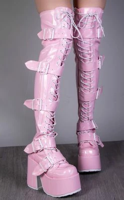 Demonia CAMEL-305 Baby Pink Holo Thigh High Boots (Au Stock)