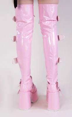 Demonia CAMEL-305 Baby Pink Holo Thigh High Boots (Au Stock)