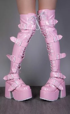 Demonia CAMEL-305 Baby Pink Holo Thigh High Boots Shoes