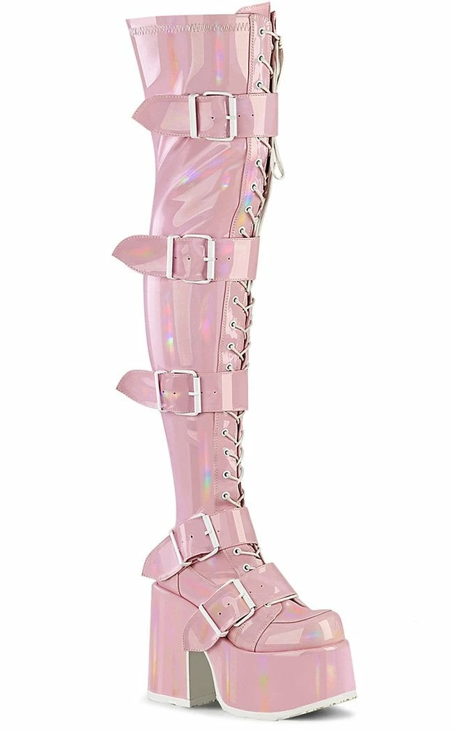 Demonia CAMEL-305 Baby Pink Holo Thigh High Boots Shoes 7 Demonia CAMEL-305 Baby Pink Holo Thigh High Boots Shoes