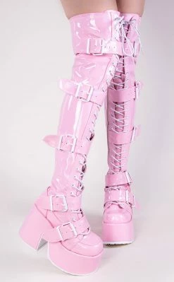 Demonia CAMEL-305 Baby Pink Holo Thigh High Boots Shoes