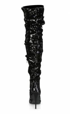 Pleaser COURTLY-3011 Black Sequin Thigh High Boots