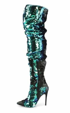 Pleaser COURTLY-3011 Green Iridescent Sequin Thigh High Boots Pole Shoes