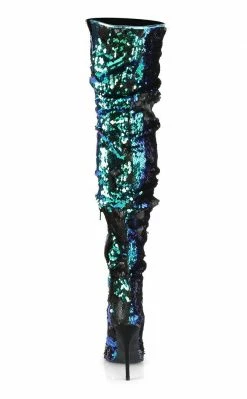 Pleaser COURTLY-3011 Green Iridescent Sequin Thigh High Boots Pole Shoes