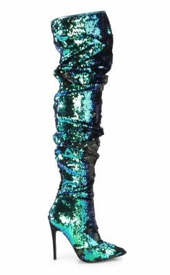 Pleaser COURTLY-3011 Green Iridescent Sequin Thigh High Boots Pole Shoes