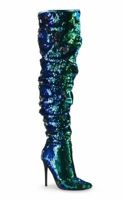 Pleaser COURTLY-3011 Green Iridescent Sequin Thigh High Boots Pole Shoes