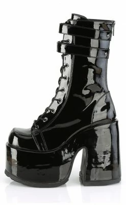 Demonia Camel-250 Black Patent Platform Boots Shoes