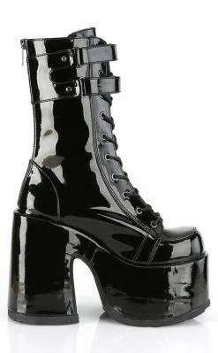 Demonia Camel-250 Black Patent Platform Boots Shoes