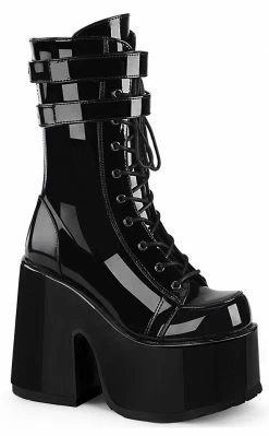 Demonia Camel-250 Black Patent Platform Boots Shoes