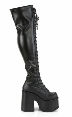 Demonia Camel-300 Black Matte Vegan Thigh High Boots Shoes