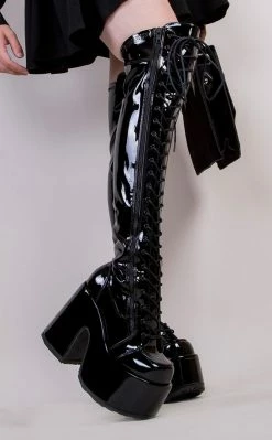 Demonia Camel-300 Black Patent Thigh High Boots Shoes