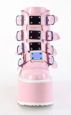 Demonia Shoes DAMNED-105 Baby Pink Holo Flatform Ankle Boots